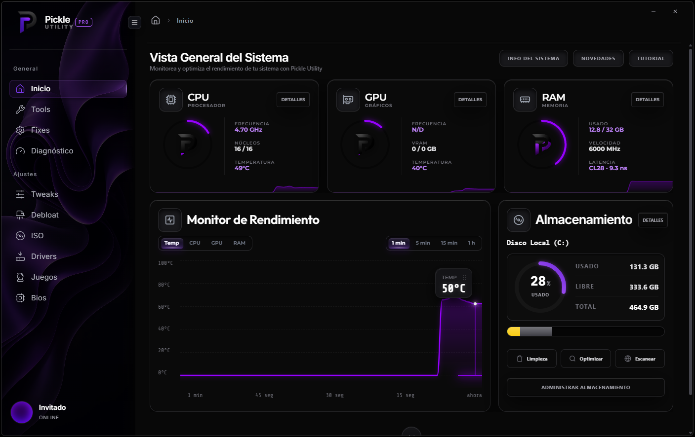 Pickle Utility: vista general del sistema con CPU, GPU, RAM y monitor de rendimiento