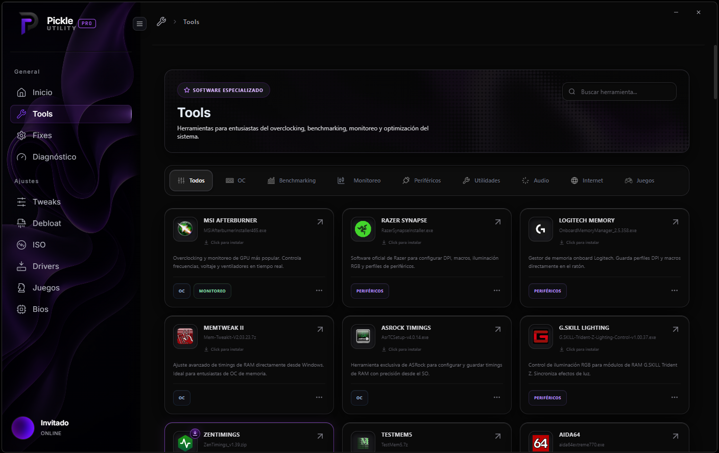 Pickle Utility: sección Tools con herramientas de overclock, benchmarking y monitoreo